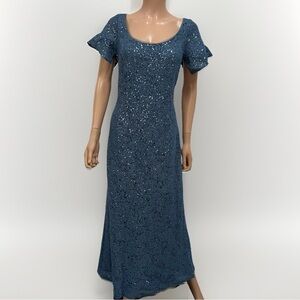 Oleg Cassini Sparkling Sequins Blue Maxi Dress Women’s Size 14 Short Sleeve